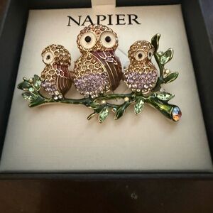 Napier Gold and Purple Owl Brooch gemstone & enamel owls trendy cool broach IOB
